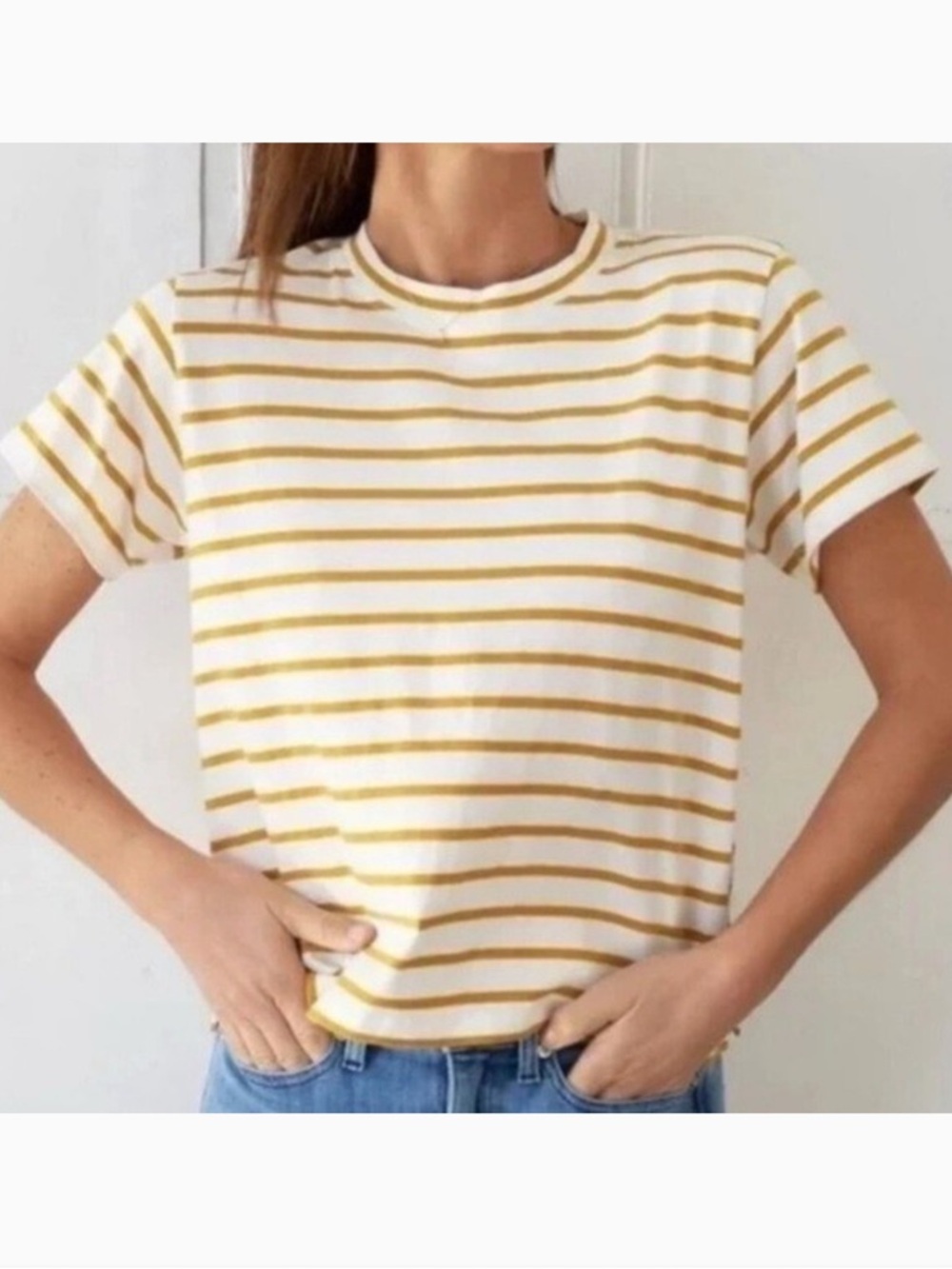 AYR White w Mustard Yellow Stripes Cotton Short Sleeve Sno Cone Tee Top Sz. M